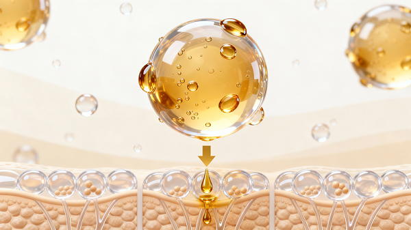 jimeng-2026-02-02-9862-医学科学插图，球形透明脂质体因子包裹暖金色液态成分和微气泡，囊泡表面光滑带油滴光...