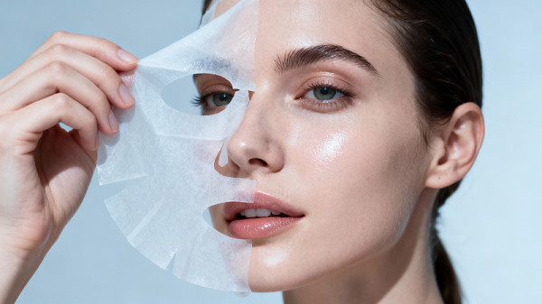 jimeng-2026-01-27-8858-欧美美女模特敷着面膜，手轻已经揭开面膜一角，揭开面膜揭一半，脸露出部分光滑透亮皮...