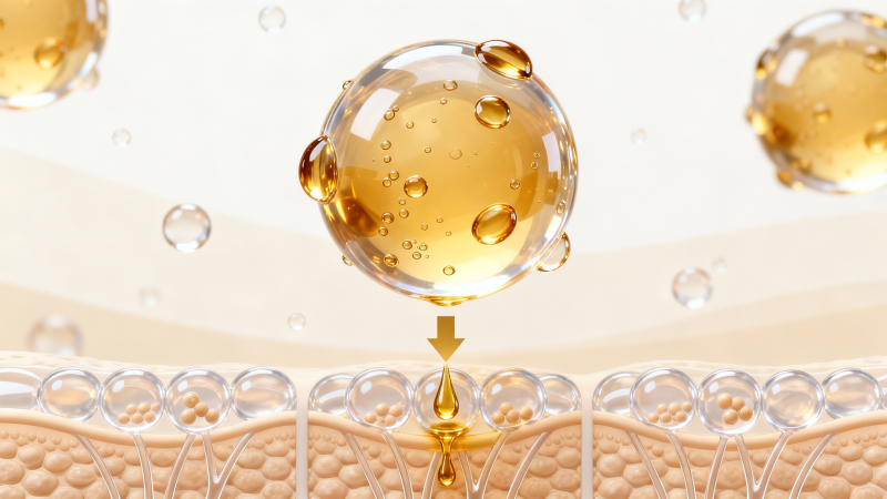 jimeng-2026-02-02-9862-医学科学插图，球形透明脂质体因子包裹暖金色液态成分和微气泡，囊泡表面光滑带油滴光...